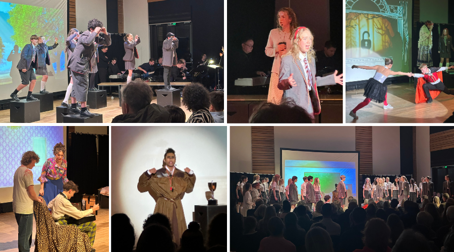 several photographs of the Matilda cast in full costume during the performance, including singing, dancing, gymnastics and Miss Trunchbull